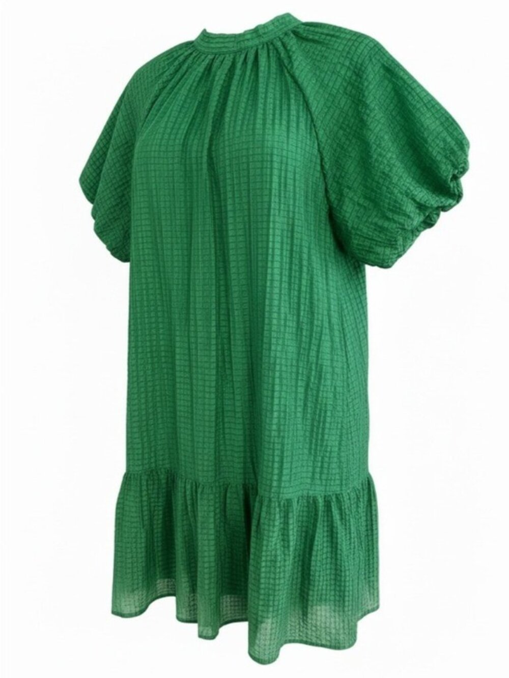 THML Green Textured Mini Dress Small Tie Neck Puff Sleeve Tier Boho Cottagecore - Picture 2 of 12